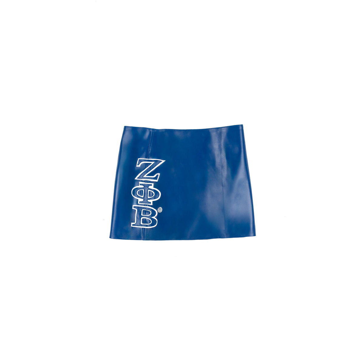 Blue skirt with white text on a white background