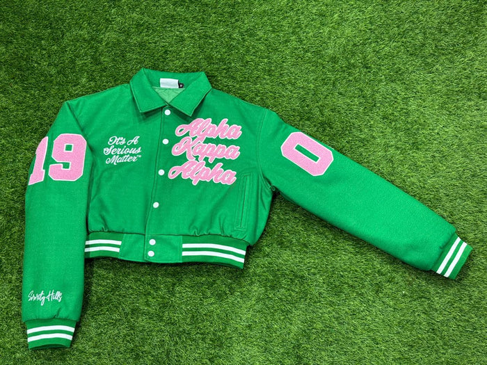 Preorder Ships on or before April 5th It’s A Serious Matter Kelly Green Crop Wool Varsity Jacket