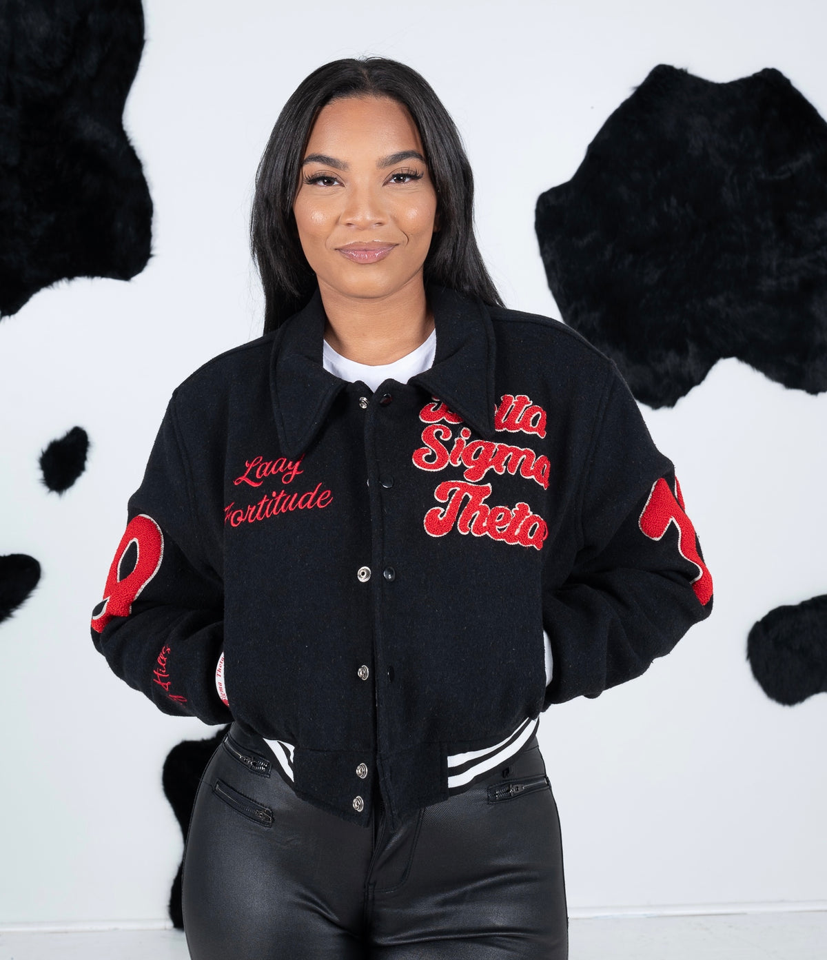 (Expected to ship 11/22-11/25)Fortitude Crop Noire Wool Varsity Jacket