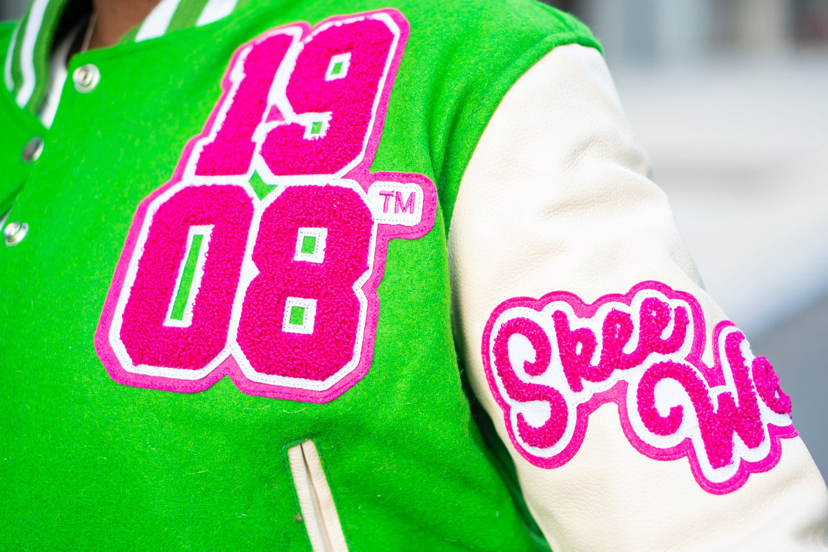 1908 Stacked Green Crop Leather Varsity Jacket