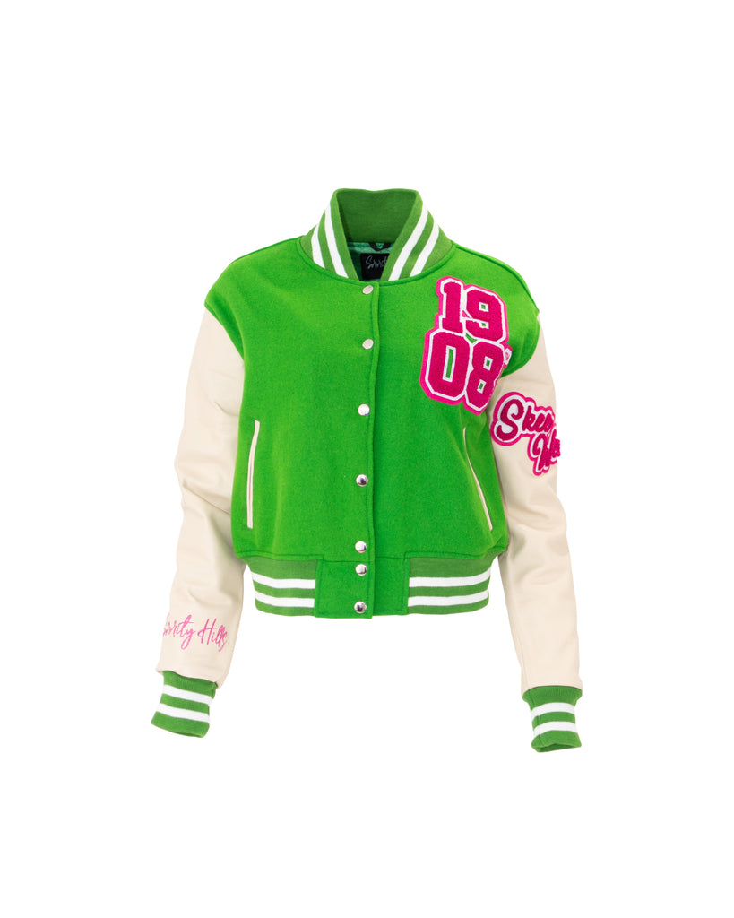 1908 Stacked Green Crop Leather Varsity Jacket