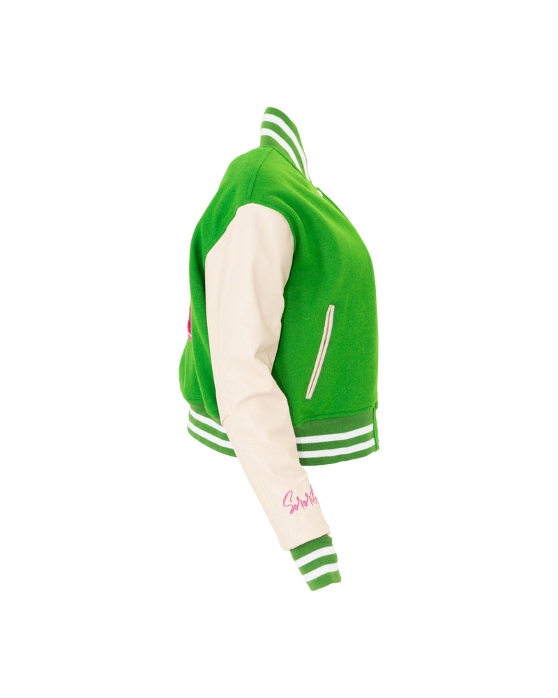 1908 Stacked Green Crop Leather Varsity Jacket