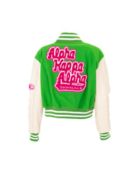 1908 Stacked Green Crop Leather Varsity Jacket