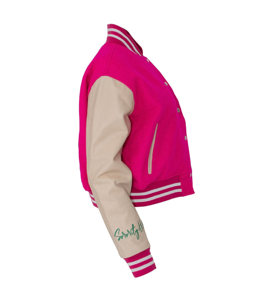 1908 Stacked Pink Crop Leather Varsity Jacket