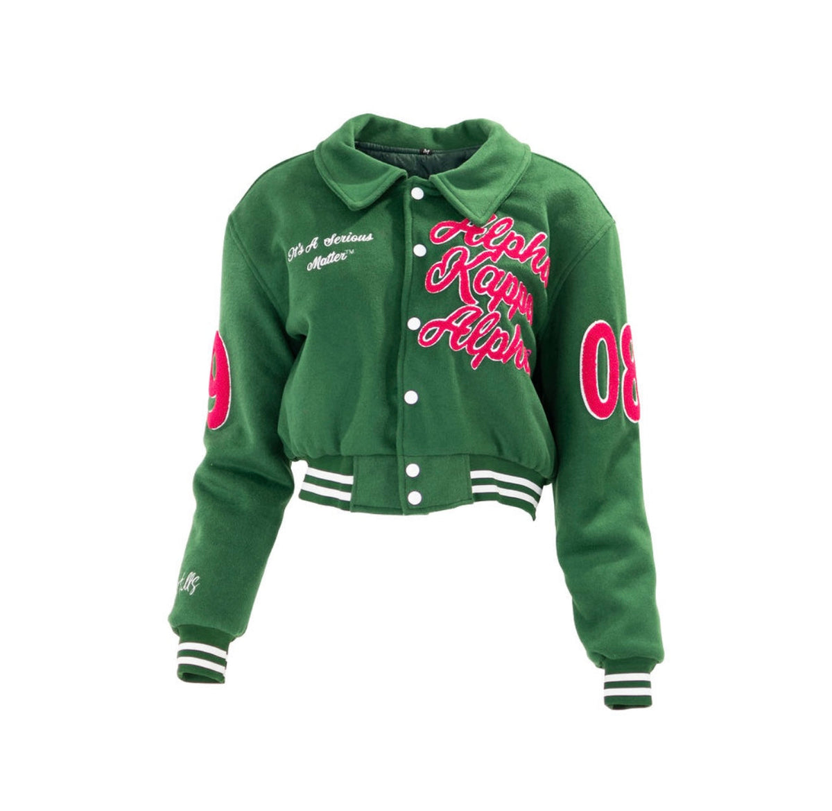 It’s A Serious Matter Green Crop Wool Varsity Jacket