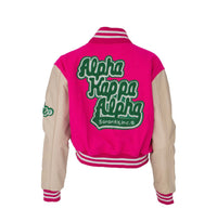 1908 Stacked Pink Crop Leather Varsity Jacket