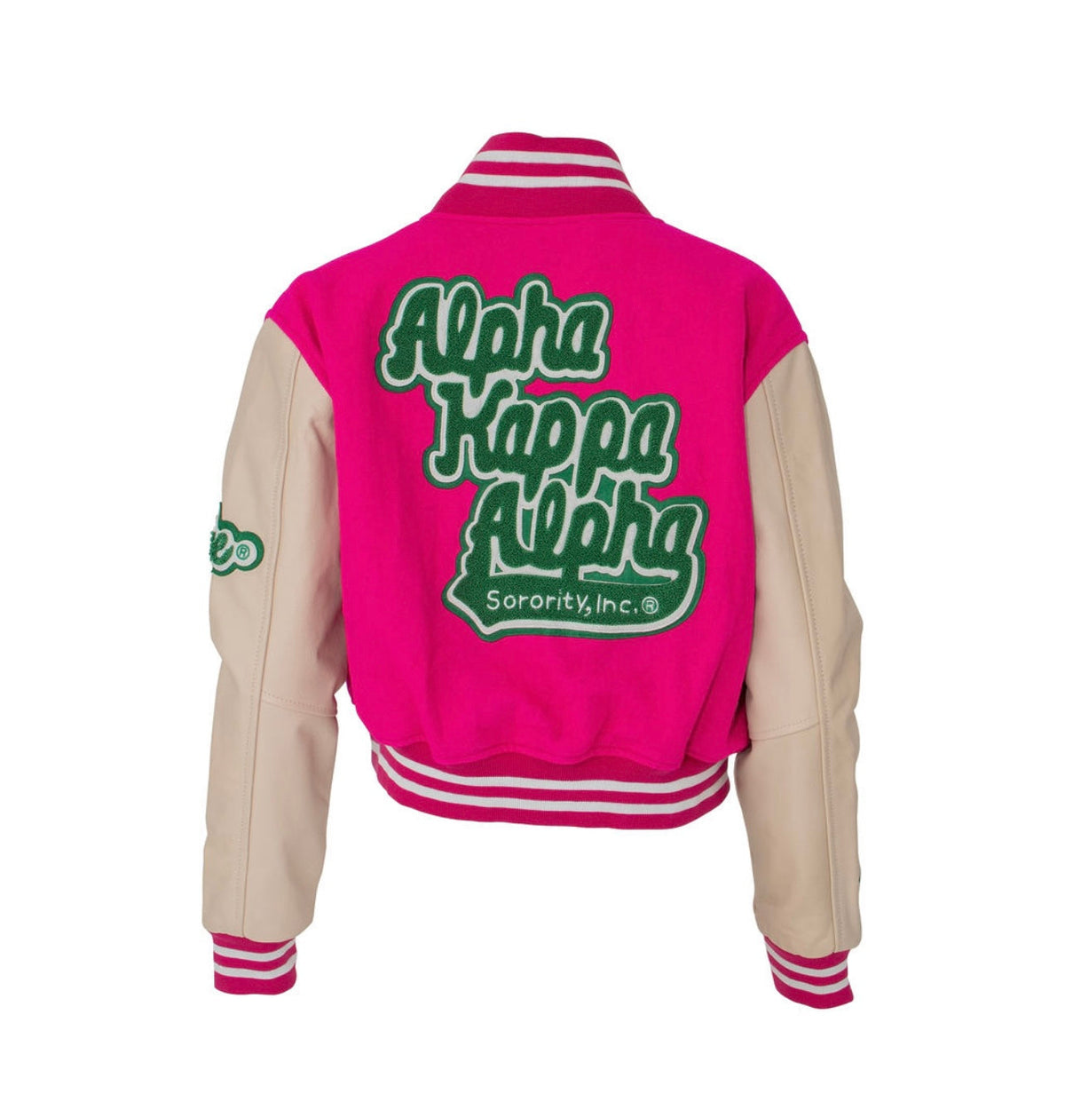 1908 Stacked Pink Crop Leather Varsity Jacket | Sorority Hills