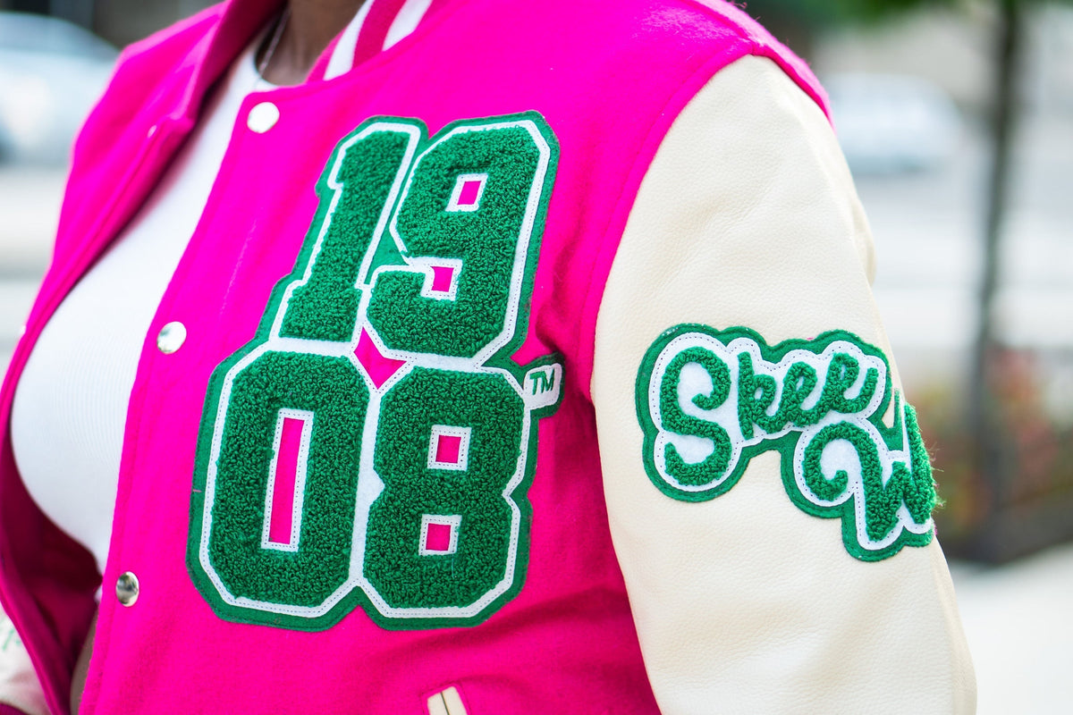 1908 Stacked Pink Crop Leather Varsity Jacket