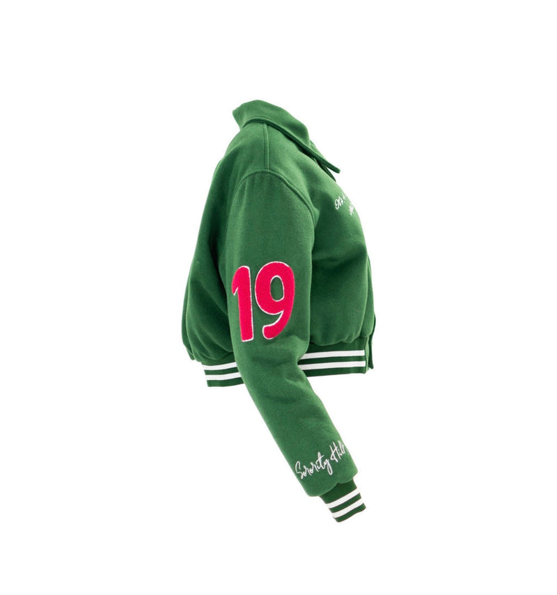 It’s A Serious Matter Green Crop Wool Varsity Jacket