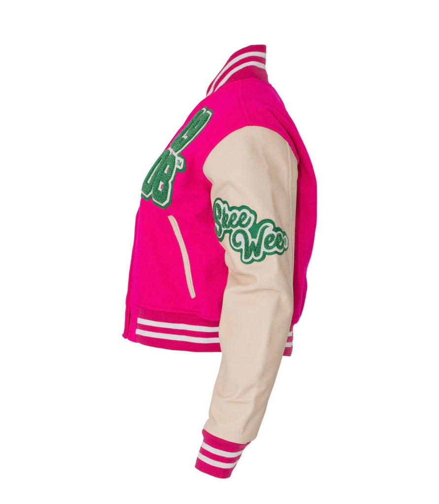 1908 Stacked Pink Crop Leather Varsity Jacket