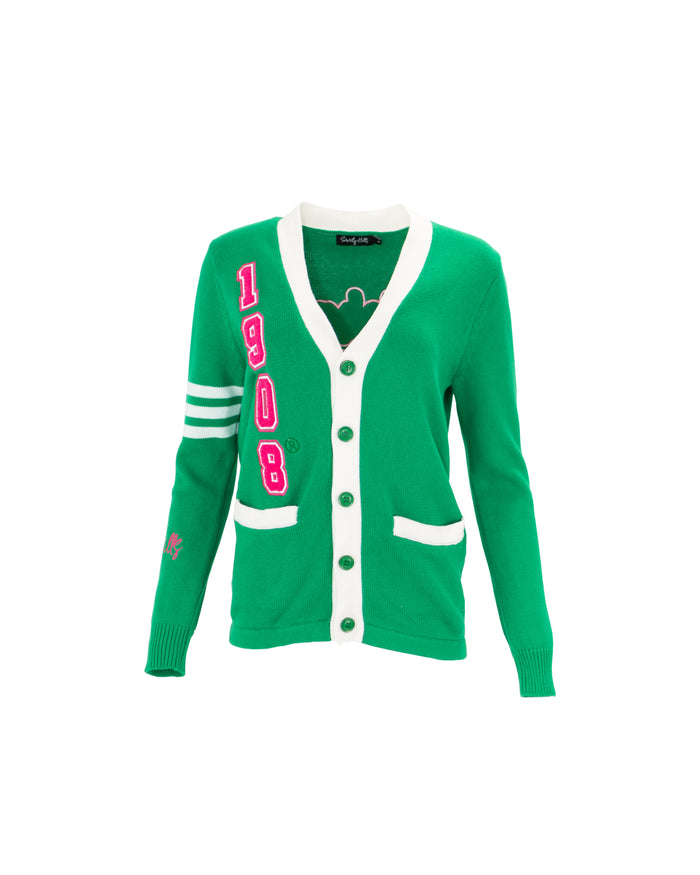 Classic Apple Green V-Neck Varsity Cardigan